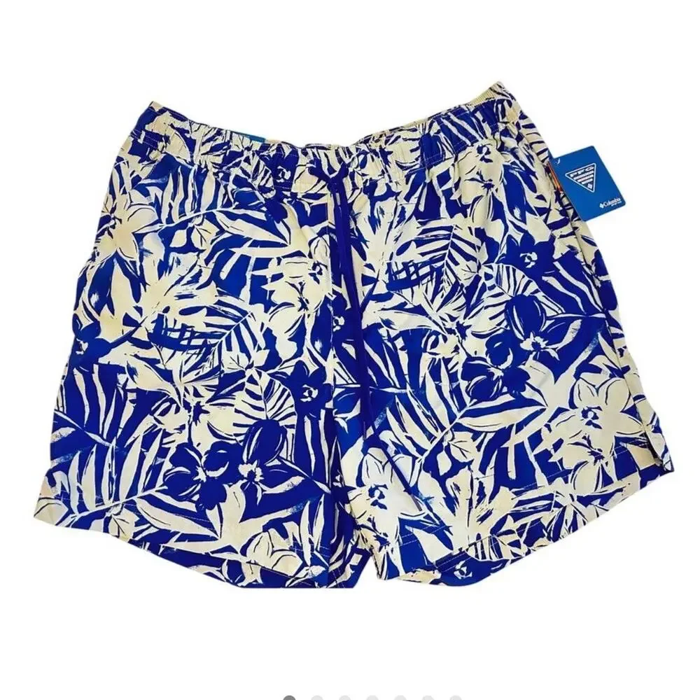 Columbia PFG Super Clearwater Shorts Medium Blue Tropical Print NWT 5" Inseam - Picture 2 of 8